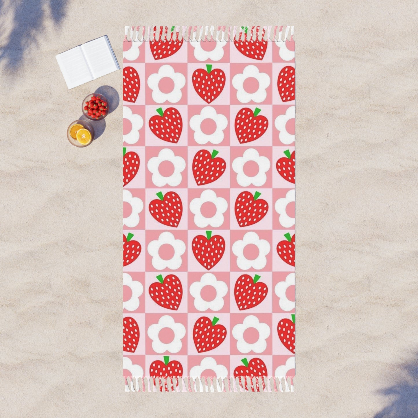 Boho Beach Blanket, Stylish Picnic Throw, Summer Outdoor Blanket, Strawberry Floral Design, Eco-Friendly Beach Coverup